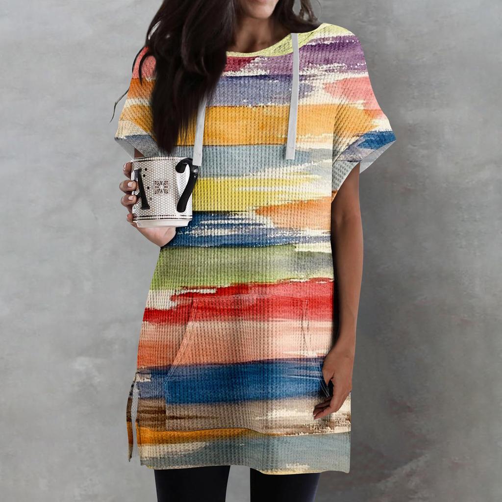 Женские свободные рубашки с принтом, толстовки с короткими рукавами и шнурком, вязаная туника с боковыми разрезами, топы с капюшоном и карманом