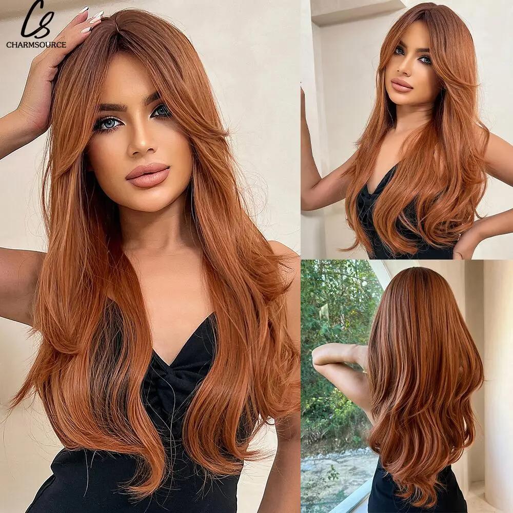 Long Straight Wig with Bangs Orange Iron Red Ginger Synthetic Wigs Daily Party Cosplay Wig for Women Heat Resistant Fiber Hair