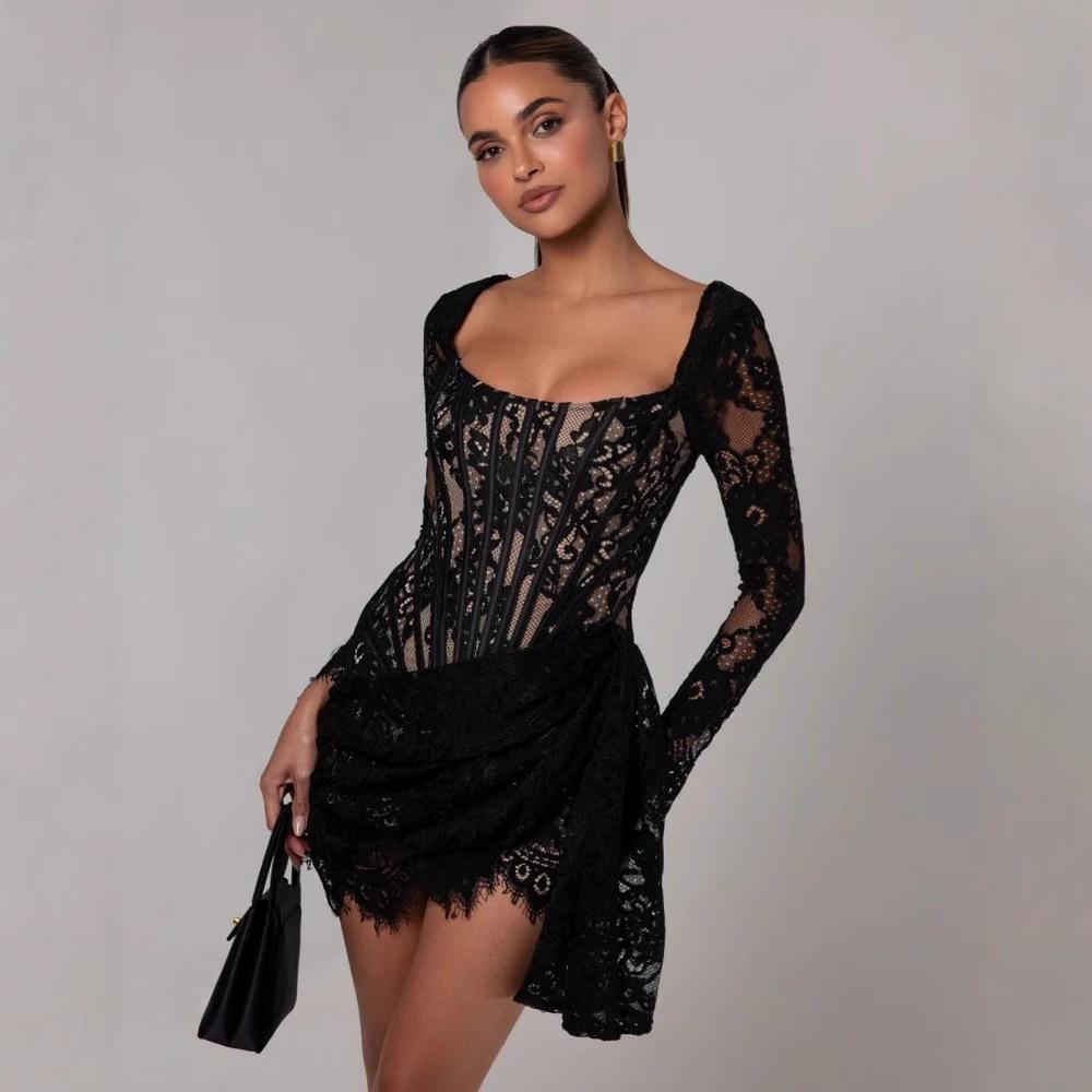 Европейское и американское сексуальное кружевное платье-сетка с корсетом на косточках – с длинными рукавами, осенне-зимняя короткая юбка