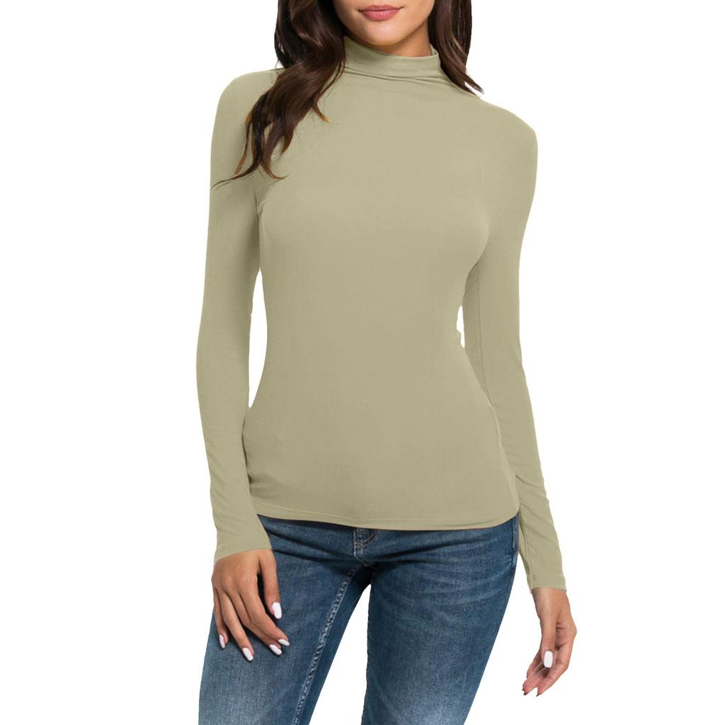 Women's Fashion Slim-Fit Stretch Base Layer Top Solid Colour Long-Sleeved Blouse