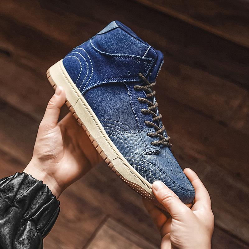 Fashion Middle and High Top Men's Retro Autumn and Winter Denim Color Matching Men's Shoes Casual Sports Shoes Men's Trendy Shoes