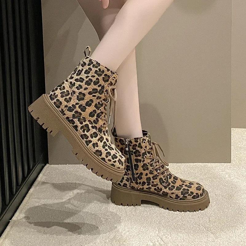 Shoes for Wome New Lace Up Zipper Women Boots Round Toe Mixed Colors Leopard Print Platform Water Proof Fashion Boots