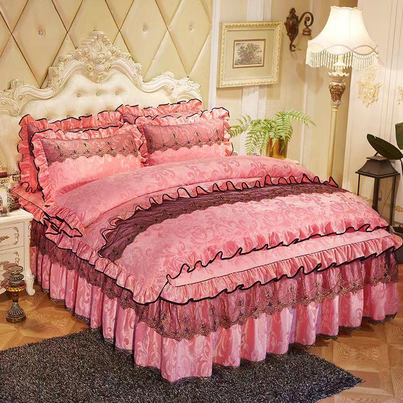 King Size/Queen Size/Twin Size Lace Bed Skirt Quilt Cover Pillowcase Four-piece Set Thickening Warm Bedroom Simple Bedding High Quality Autumn Winter