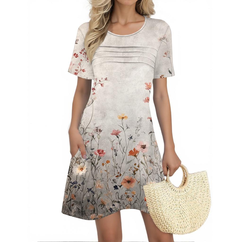 Женские летние платья Женские летние платья с цветочным принтом Повседневные платья с коротким рукавом и круглыми карманами