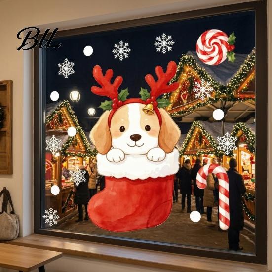 Decorative Snowflakes for Windows Christmas Static Window Clings, No?Glue Cute Puppy Glass Decals with Snowflake Tree Clings Candy Cane, Reusable