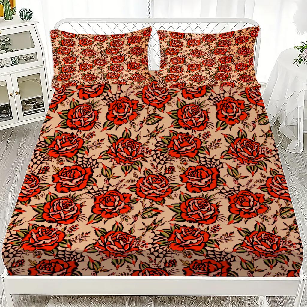 3pcs Pink Grey Fitted Sheet Set Fresh Style Rose Flora Print 100% Polyester Soft Bedding Set for Home Decor with 2 Pillowcases