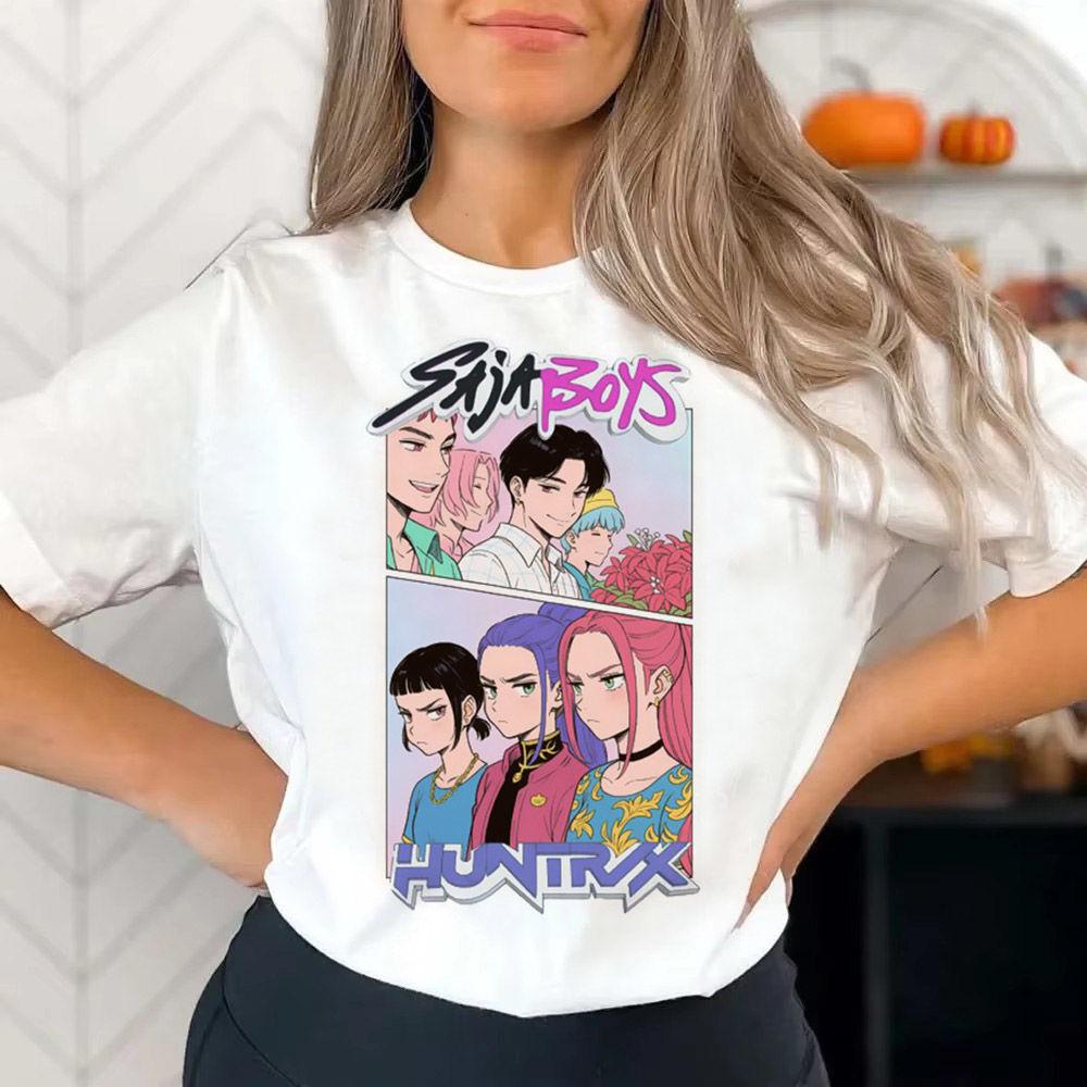 Huntrix Girls Kpop Охотницы на демонов Двусторонняя футболка Футболка в стиле аниме С изображением Руми Миры Зои Девичья группа Волшебный воин Топы для фанатов