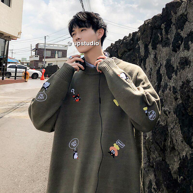 Мужской мультфильм вышивка легкий свитер вязание без подкладки верхняя одежда свободное пальто