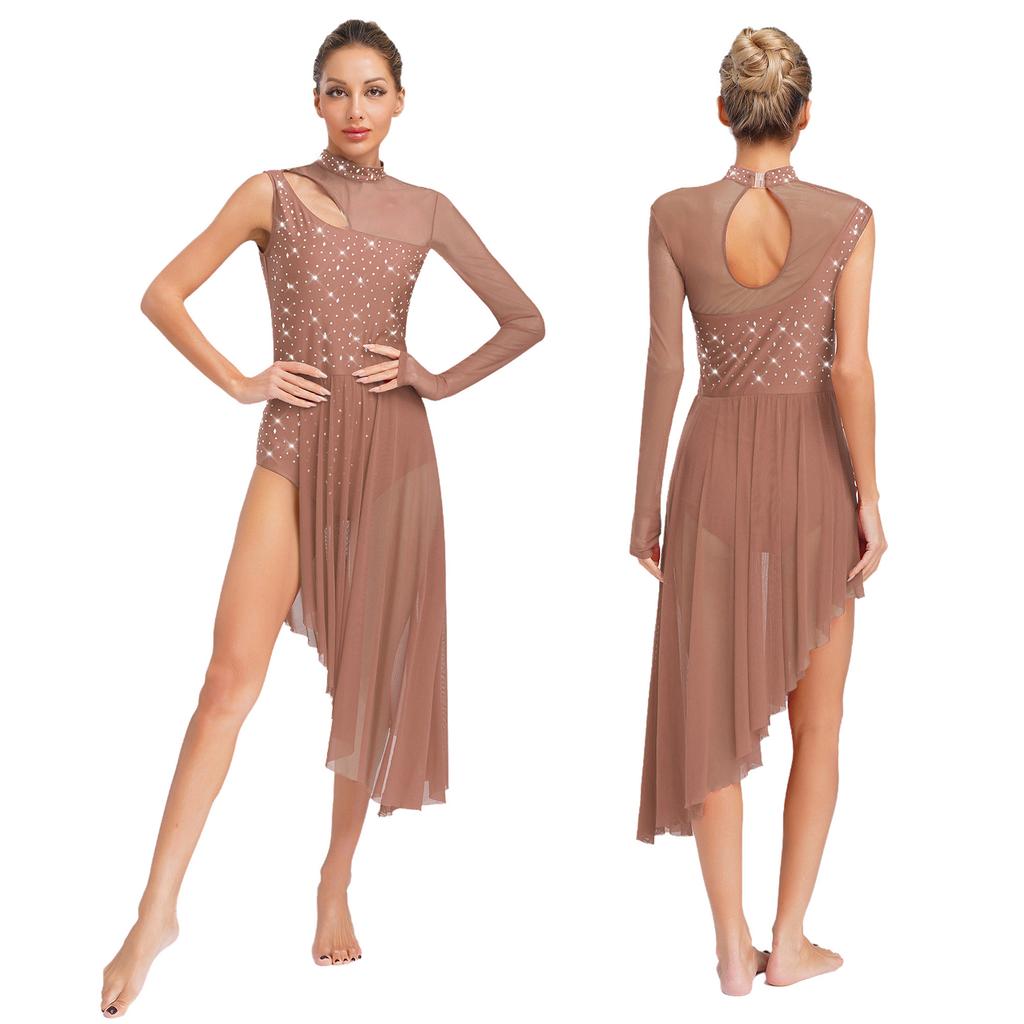 Women Asymmetrical Lyrical Dance Dress S-XXL - Mock Neck Cutout Sheer Mesh Patchwork Shiny Rhinestones Side Split Dancewear