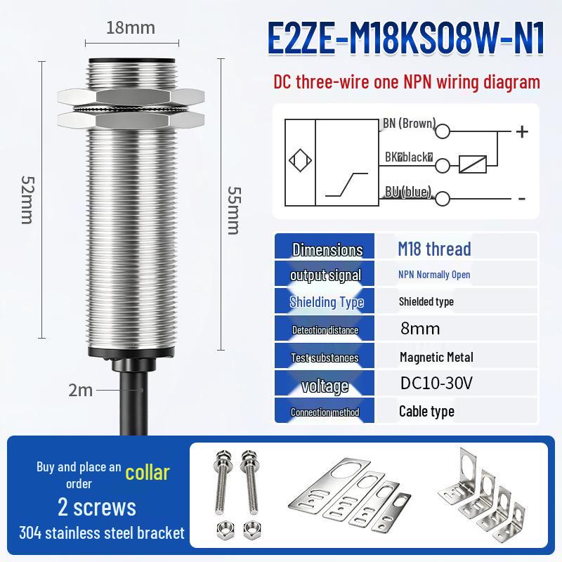 Индуктивный датчик приближения Zhi Can E2ZE: Металлическая резьба, M8-M30, Трехпроводная, NPN, Нормально разомкнутый/замкнутый