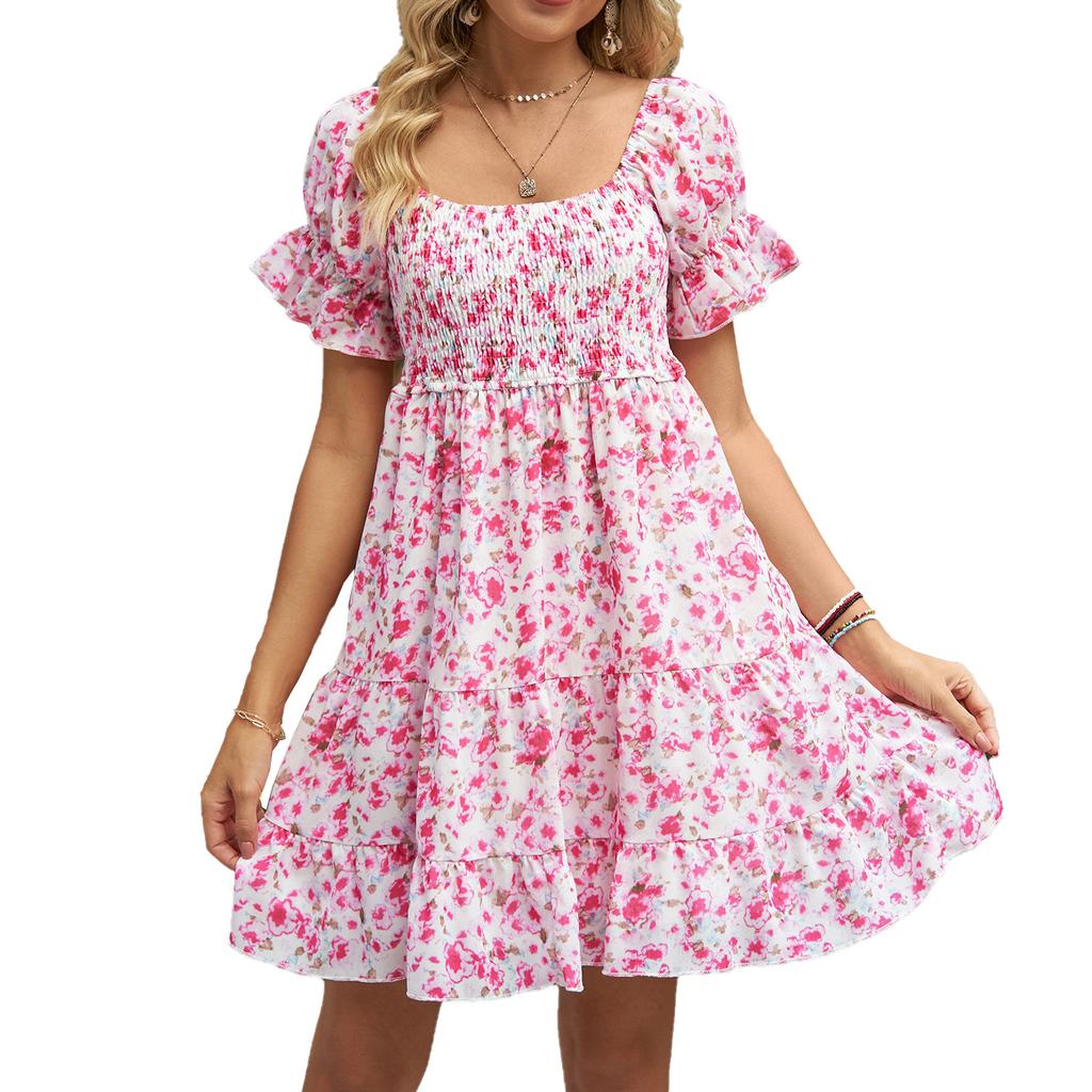 Женское летнее свободное платье с квадратным вырезом и эластичным шифоновым принтом с короткими рукавами и галстуком