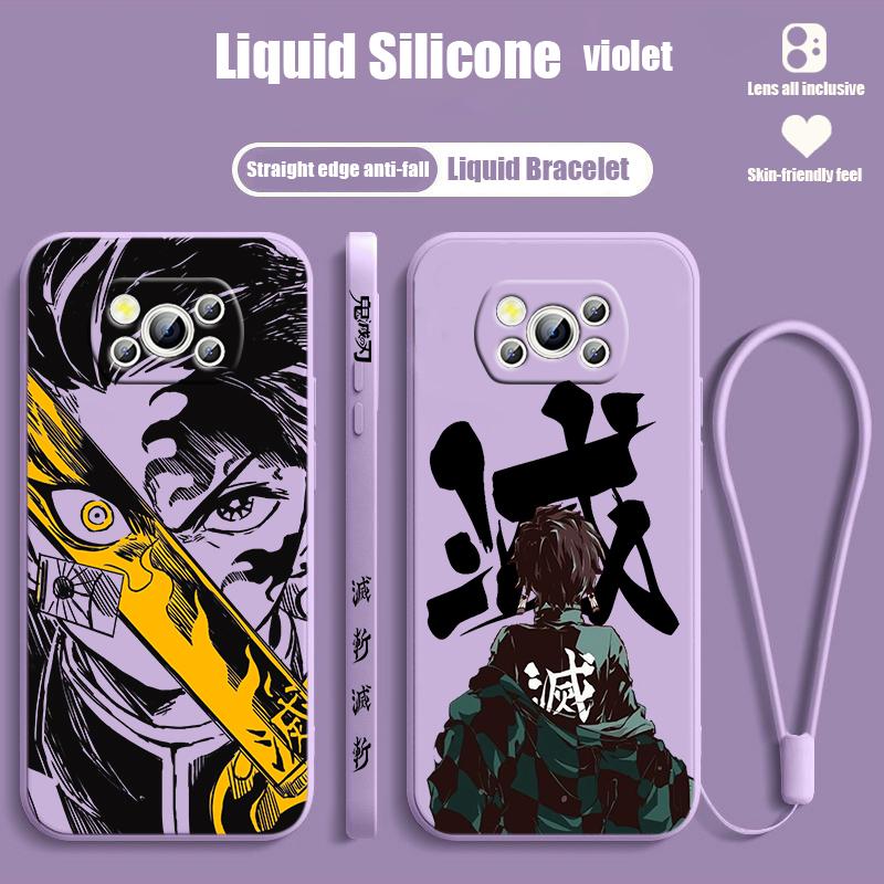 Demon Slayer Cute For POCO M5S M4 M3 C55 C50 C40 C3 X5 X4 X3 X2 F5 F4 F3 Pro GT NFC Liquid Left Rope Phone Case