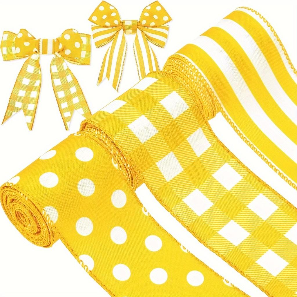 Charming Bee Festival Yellow Gingham Dot And Stripe Burlap Ribbon For Event Decoration And Gift Wrapping