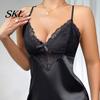 Elegant Nightwear Women Women's Satin Nightgown, Sexy V Neck Chemise Full Nightdress with Suspenders Slip Sleepwear, Sleeveless Sheer Lace Mini