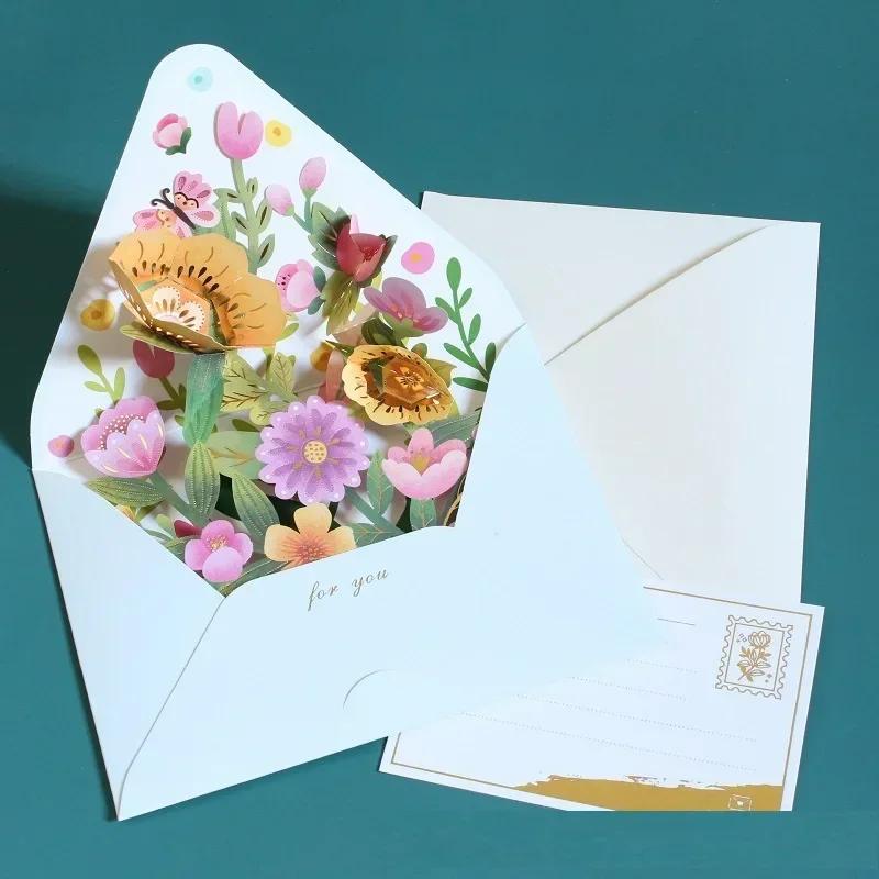 Romantic Flower Birthday Christmas Card 3D Pop-up Greeting Cards Set Postcard Party Wedding Decorations Creative Girl Gifts