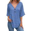 Women Summer Tops V-Neck Half Sleeve Casual Solid Color Tee Shirt Buttons Decor Loose Fit Mid-length Blouse