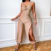 Сексуальные комбинезоны с открытой спиной и бретельками через шею с высокой талией, женские наряды, модные комбинезоны без рукавов с широкими штанинами для женщин, элегантные однотонные облегающие комбинезоны 25751