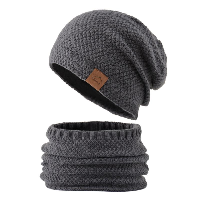 Men's Autumnn Winter Solid Color Knitted Hat and Scarf Set Thicken Warm Fleece Lined Cold-resistant Hat and Neckerchief for Men
