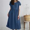 Medium Length Skirt, Round Neck, Short Sleeved Solid Color, Loose Casual Cotton and Linen Dress for Women