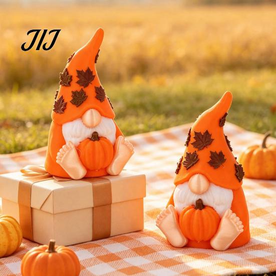 Desktop Pumpkin Ornaments Fall Gnome Figurine Sitting with & Maple Leaves, 3D Printed Dwarf Thanksgiving Table Centerpieces Statue, Shelf Mantel