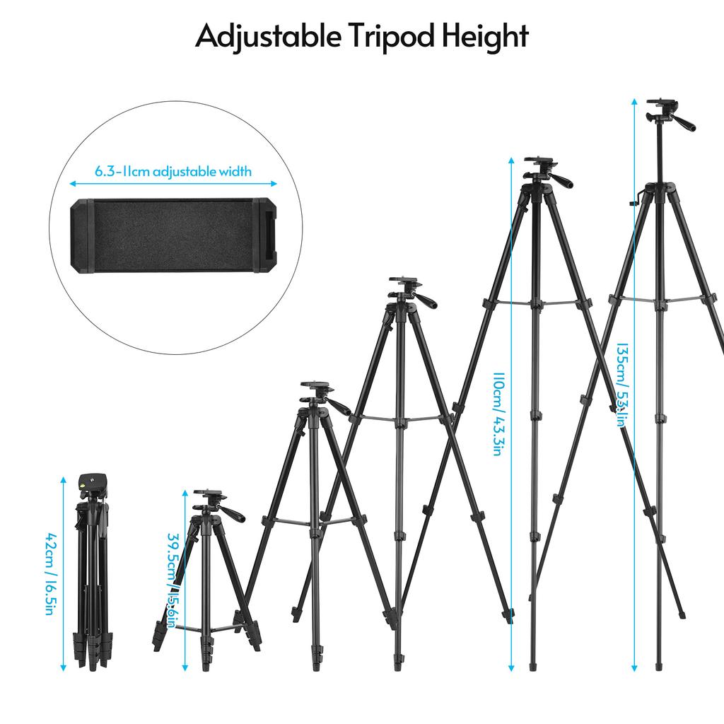 Portable Tripod Stand Aluminum Alloy 135cm 53in Max. Height 3kg Load Capacity with Phone Clamp Remote Shutter for