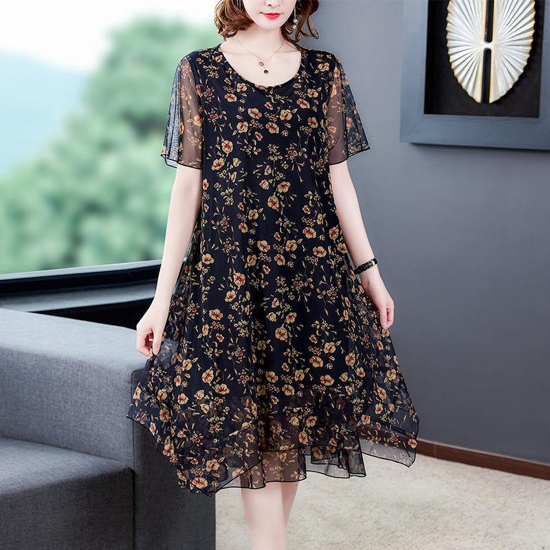 Women's Spring Summer Vintage Embroidered Large Size Women's Loose Mesh Large Size Short Sleeve Dress Printed Casual Dress