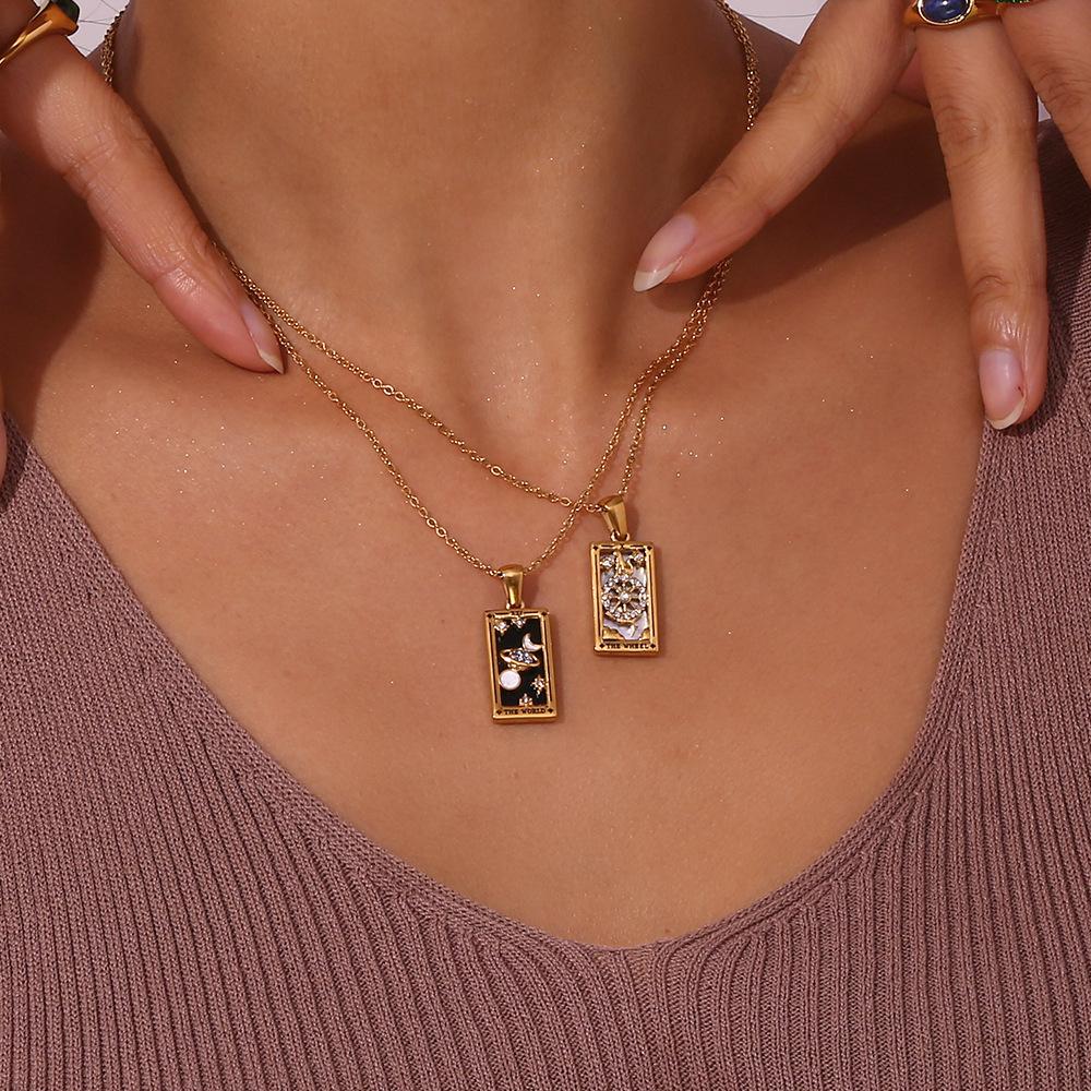 Europe America Ins Fashion Retro Popular Bamboo Stainless Steel Rectangular Drop-Oil Zircon Tarot Card Link Women's Pendant