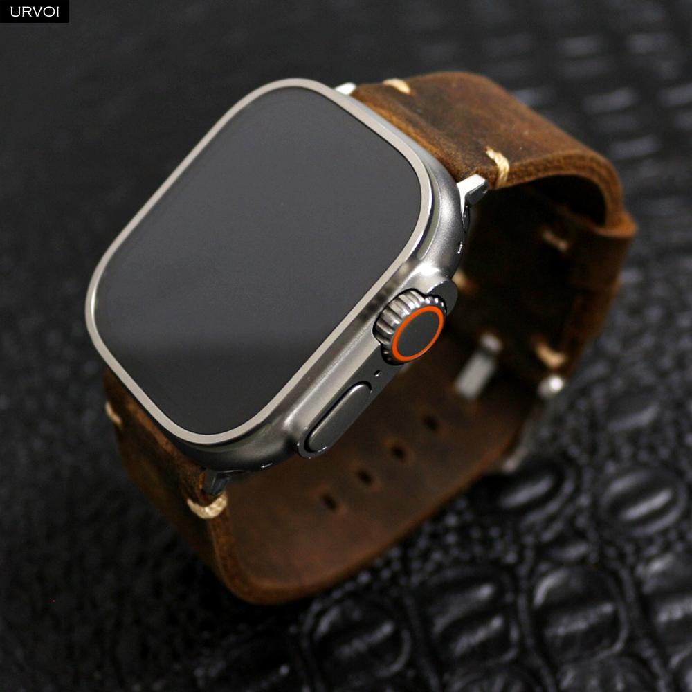 Apple Watch Ultra 2 Series 10 9 8 7 6 SE 54 Vintage Crazy Horse Fine Leather Strap for iWatch Pin V Stitches 49mm
