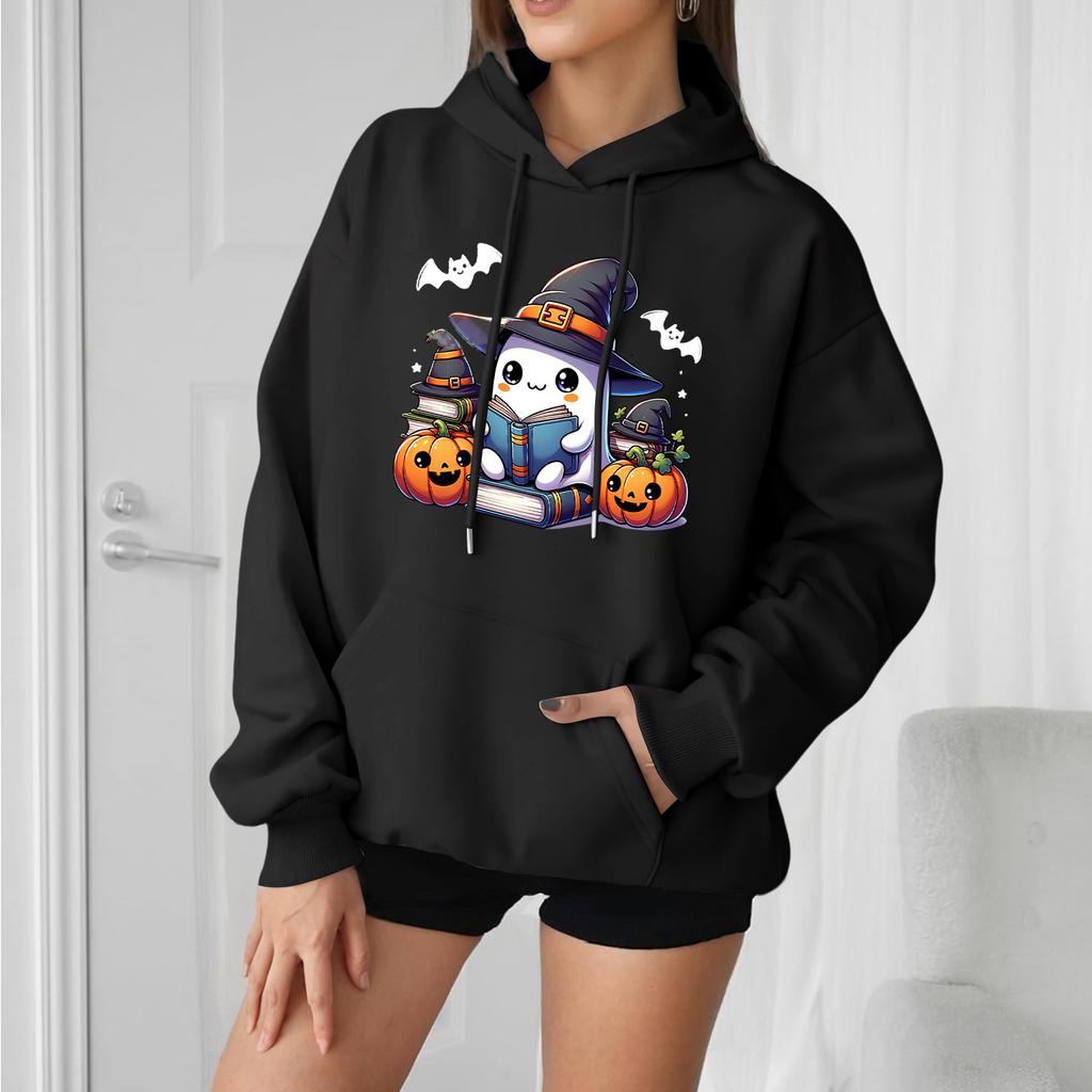 Женский модный, повседневный, удобный свитер с круглым вырезом, капюшоном, длинными рукавами и принтом на Хэллоуин