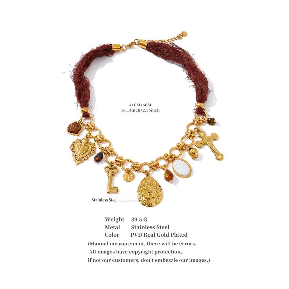 Yhpup Red Rope Chain Heart Flower Cross Drop Charm Handmade Necklace 18K Golden Plated Stainless Steel Statement Collar Jewelry