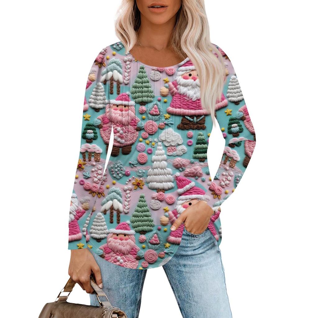 Women's Casual Top Christmas Printed Round Neck Long Sleeved Pleated T-shirt