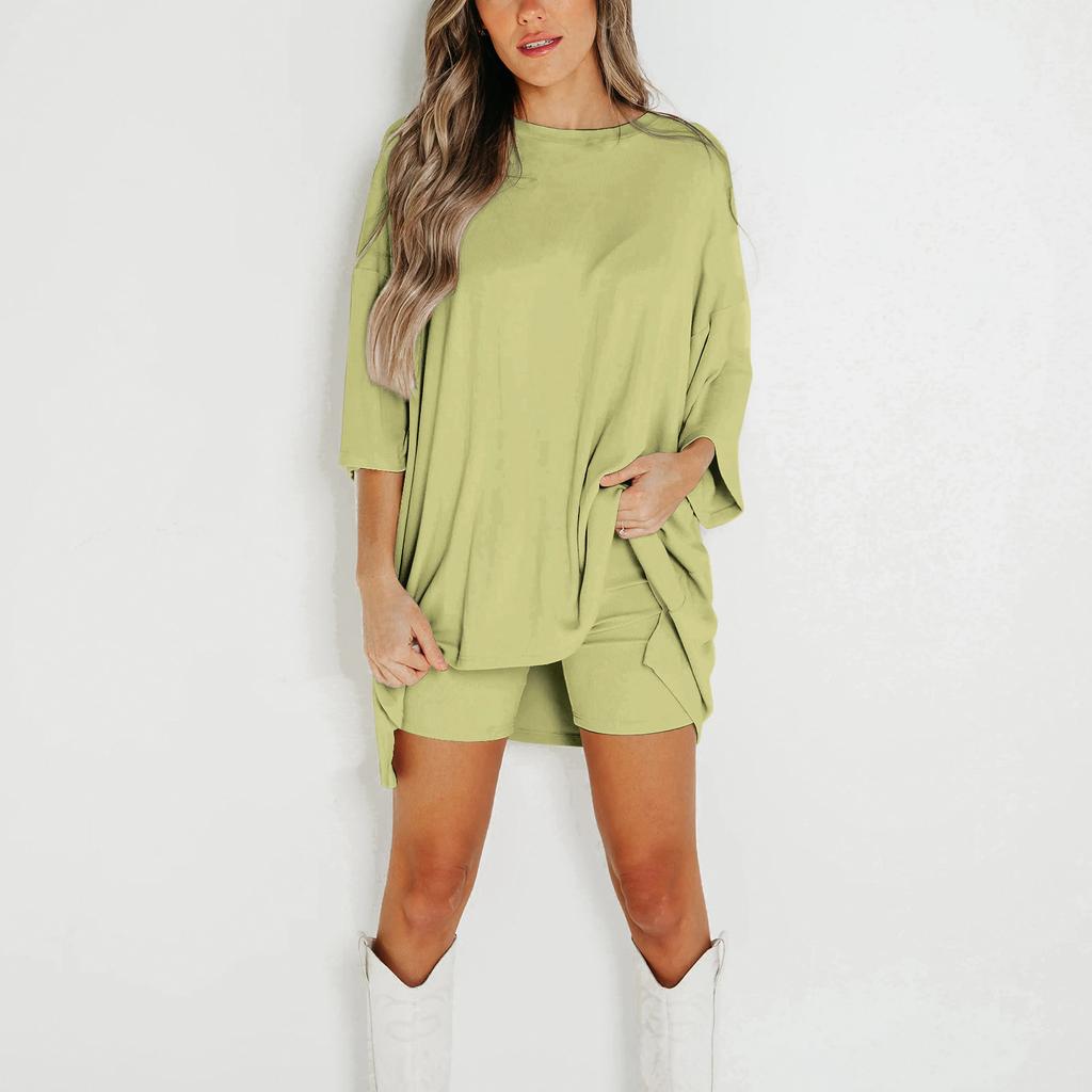 Женский летний комплект из 2 предметов с круглым вырезом и короткими рукавами, с заниженными плечами, топ для больших детей и узкие байкерские шорты для йоги, комплект