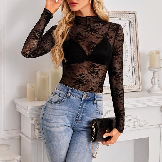 Женские прозрачные сетчатые кружевные топы Сексуальная рубашка с цветочной вышивкой и длинным рукавом Базовые топы Универсальные просвечивающие