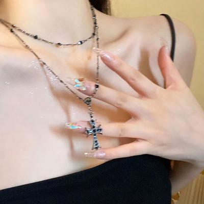 Двойное черное бриллиантовое крестообразное ожерелье Женское Ins Tide Niche Advanced Design Sense Clavicle Chain Accessories