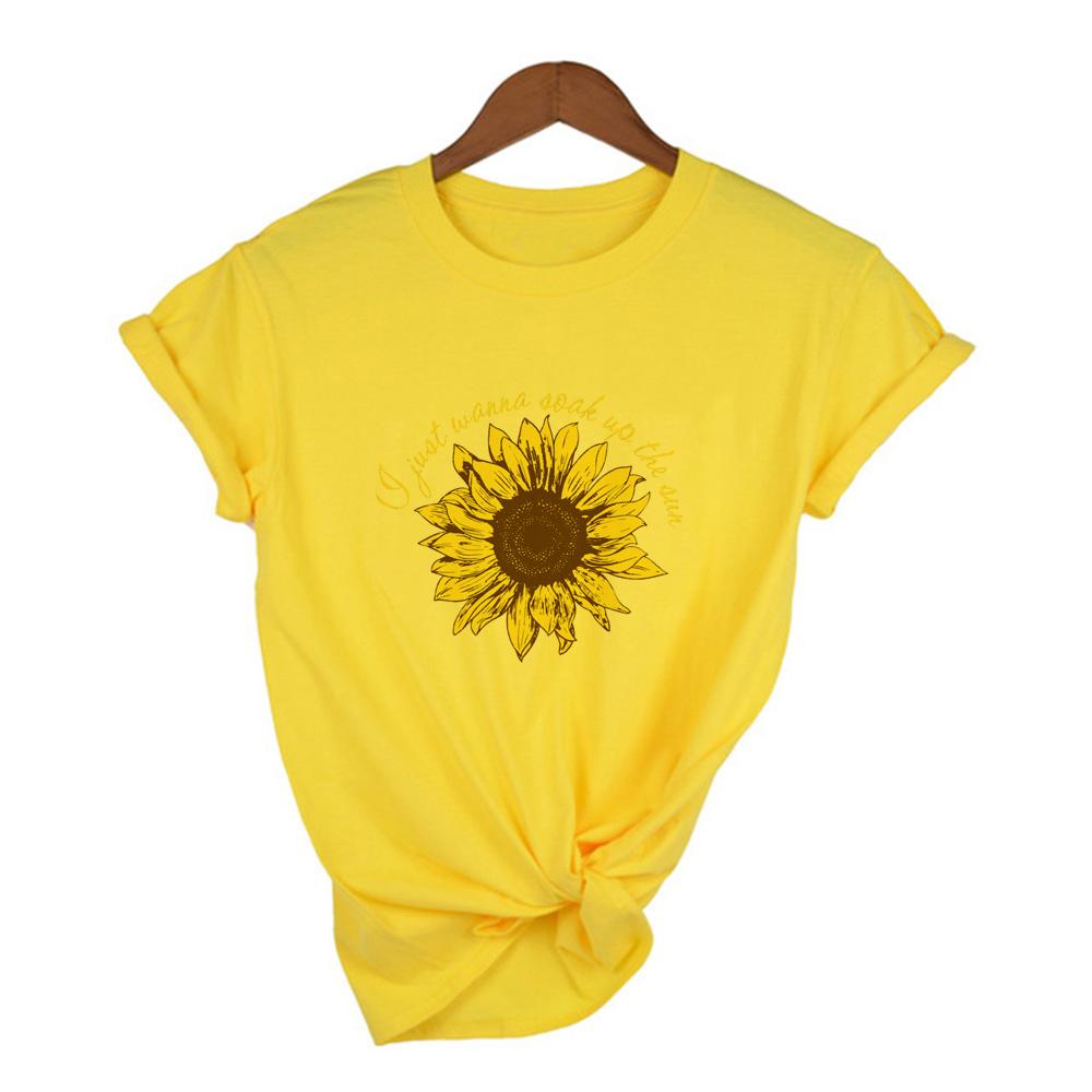 Yellow Sunflower Women T Shirt Short Sleeve Summer Tshirt Femme I Just Wanna Soak Up The