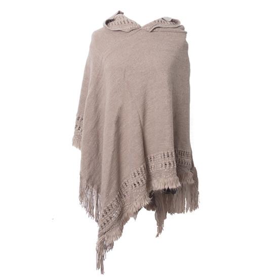 Женская осенняя накидка с кисточками, свободная вязка, сплошной цвет, неровный подол, теплая, с капюшоном, в богемном стиле, с бахромой, женский плащ для работы