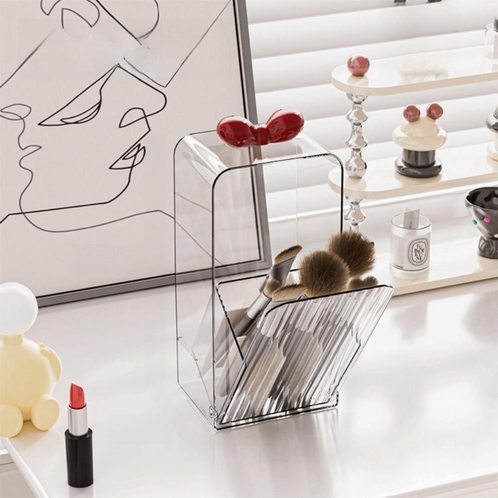 Clear Acrylic Cosmetic Tools Organizer Bow Handle Grid Lipsticks Storage Box Desktop Use