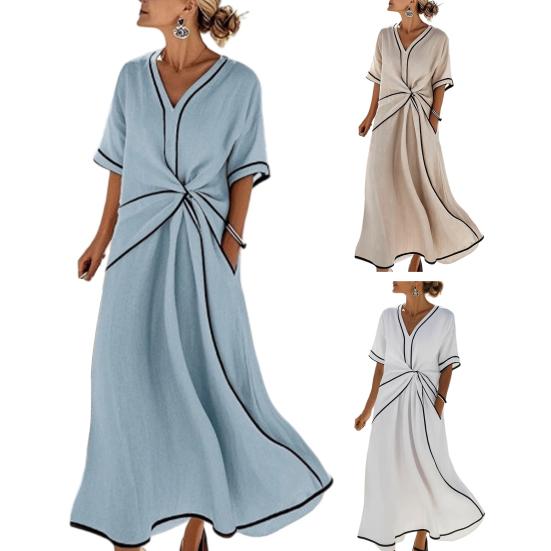 Женское летнее повседневное длинное платье с закрученной талией Хлопок Лен Короткий рукав V-образный вырез Бохо Расклешенное Платье для пляжного отдыха Легкое Платье-сарафан А-силуэта