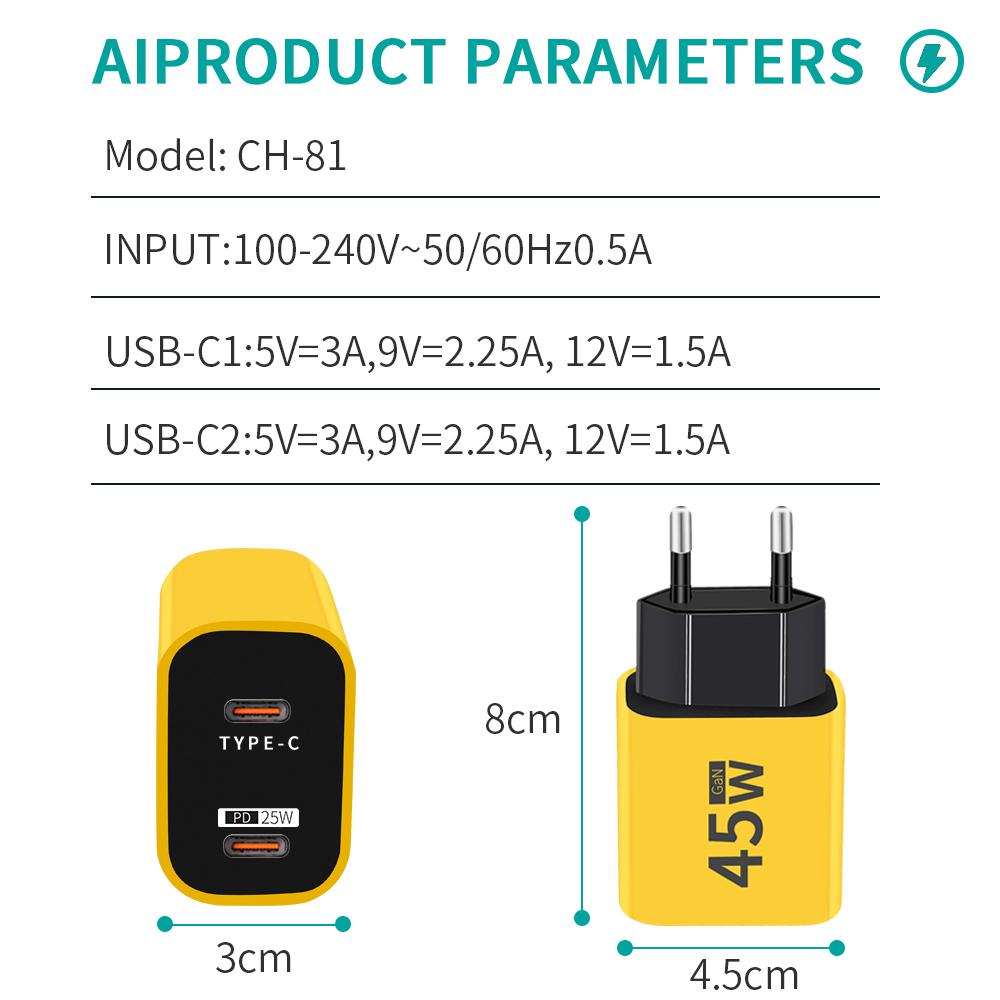 45W GaN Type C Charger Fast Charging Charger PD QC3.0 Wall for Phone Adapter for IPhone Xiaomi Samsung Mobile Phone Charger