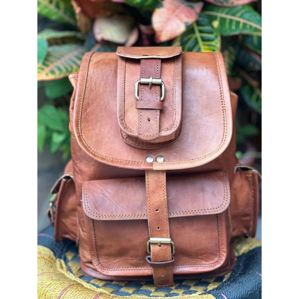 Leather Goat Backpack Bag Genuine Travel Laptop Men's Brown Rucksack Vintage