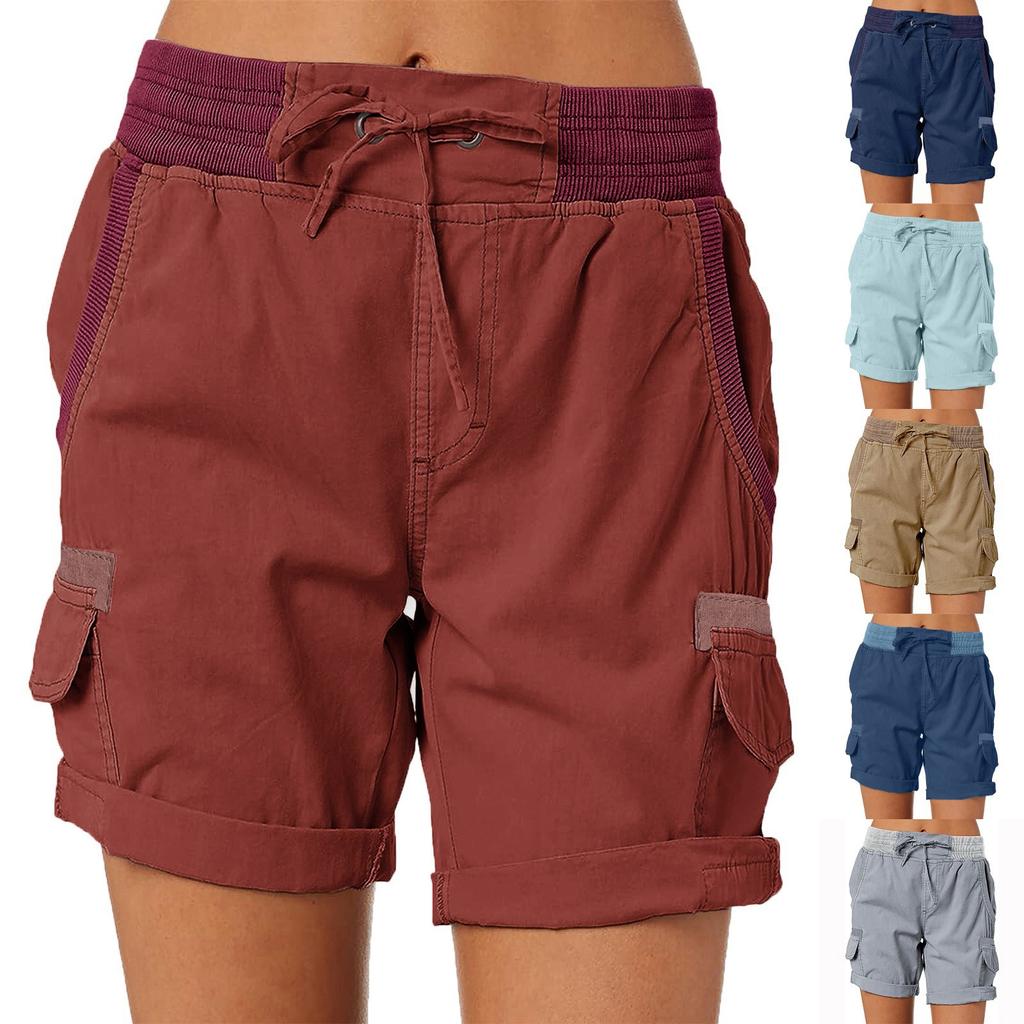 Women's Solid Color Fashionable Pocket Drawstring Casual Workwear Pants Loose Elastic Waist Shorts