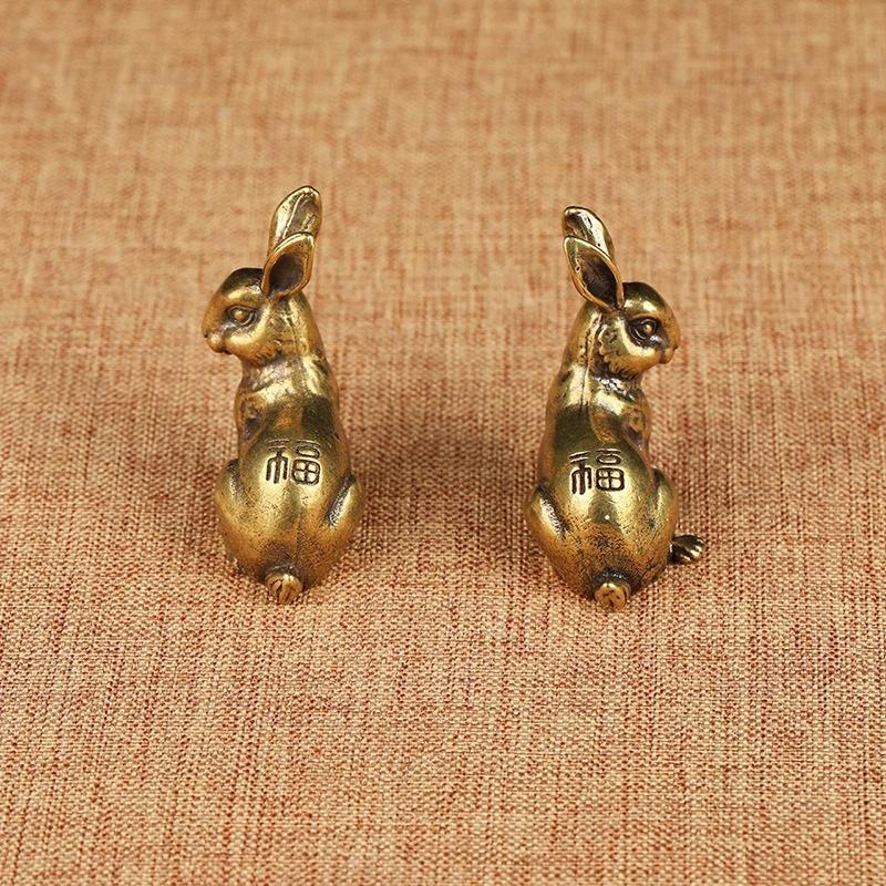 1 пара статуэток счастливого кролика, украшения, античная медь, зодиак, винтаж, цельная латунь, животное, миниатюрная фигурка, чайный питомец, декор для стола