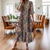 Women's Ruffled Dress Ethnic Style Printed Short-sleeved V-neck Loose Plus Size Long Dress