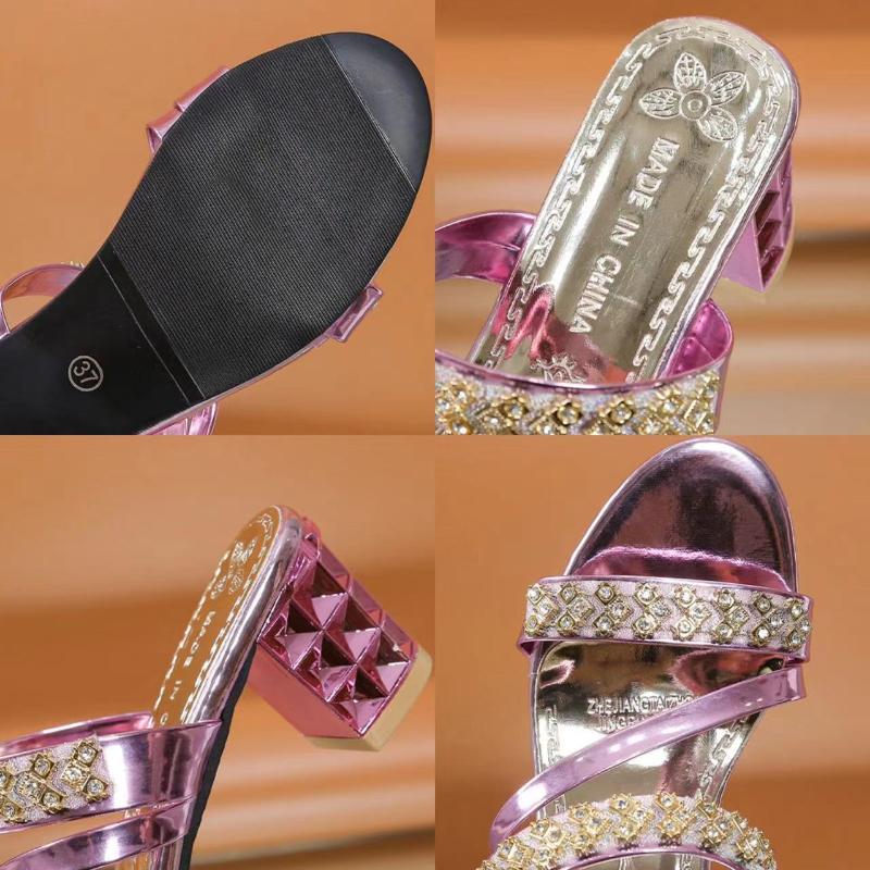 Sparkle Women's Slippers 2024 Summer New Crystal Pumps Block Heels Sandals for Women Rhinestones Party Shoes Sandalias De Mujer