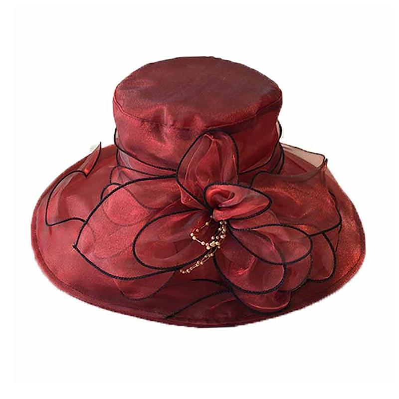 Vintage Organza Wide Brim Hat For Women Church Dress Bridal Wedding Hat Floral Mesh Sun Hat Party Beach Caps