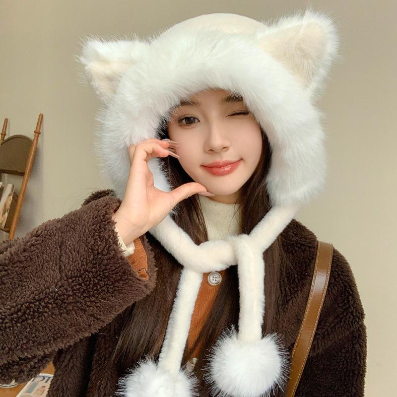 Autumn and Winter Cute Fox Ears Plush Hat Women Thickened Warm Bag Head Hat Ear Hat Show Small Face