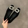 Flat Bottom Silver High-end Square Head Rhinestone Single Shoes Women's 2025 New Spring Black Commuter Square Buckle Beanie Shoes