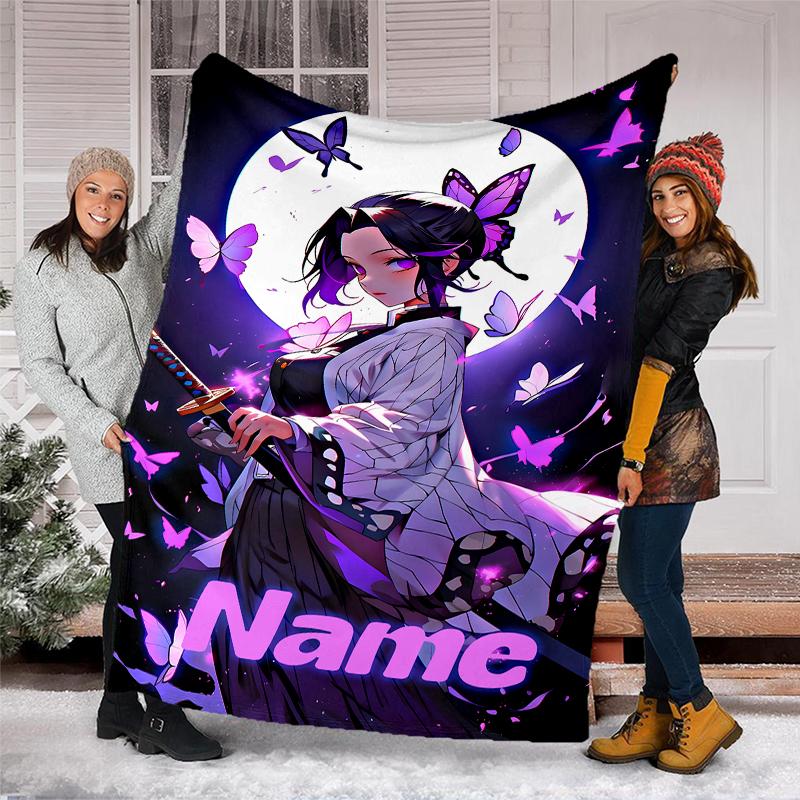 Personalized Custom Name Blanket - Demon Slayer Shinobu Kocho Print Design,Blanket for Sofa,Bed,Travel,Camping - Soft and Warm, Great Gift