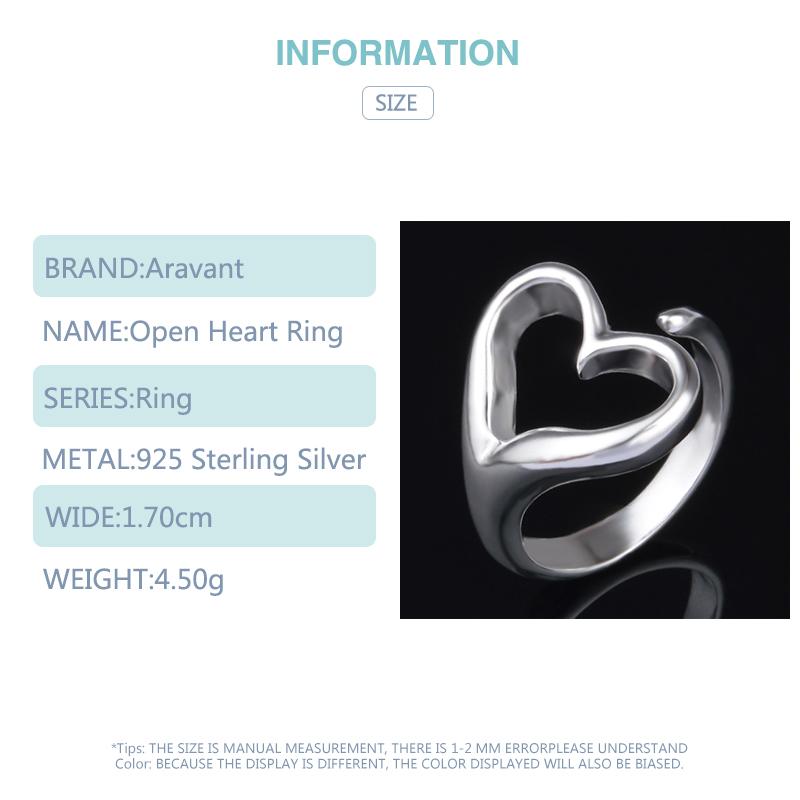Прибытие 925 Серебряное Полое Сердце Открытое Регулируемое Кольцо Для Женщин Модные Ювелирные Изделия