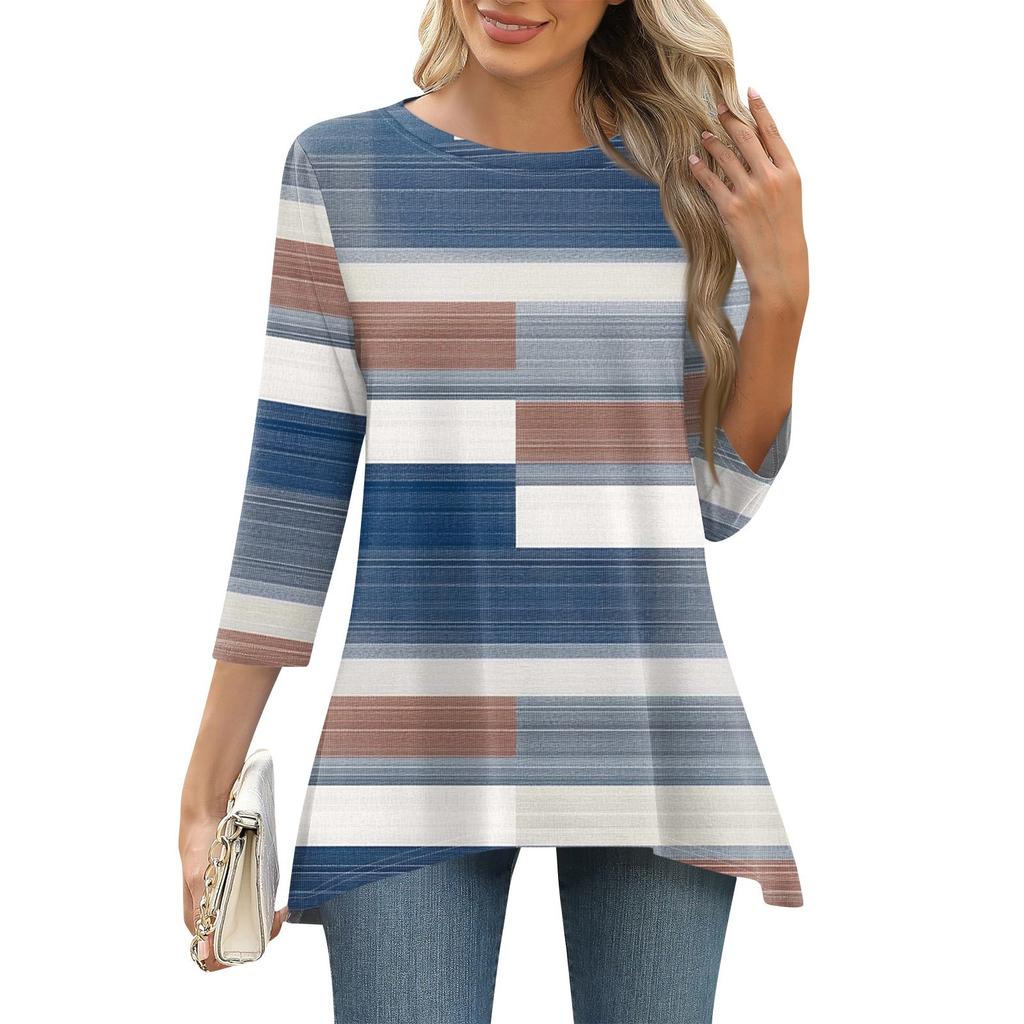 3/4 рукав туника топы для женщин принтованный повседневный выходной свободный крой модная базовая футболка с круглым вырезом